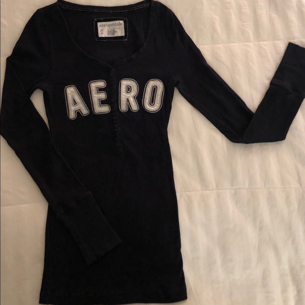 AERO Aeropostale Stretch Navy Ribbed Tee